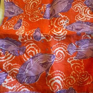 Lilly Pulitzer Linen Fish Print Orange&Purple Pocket Square 17.5x18.5-like new